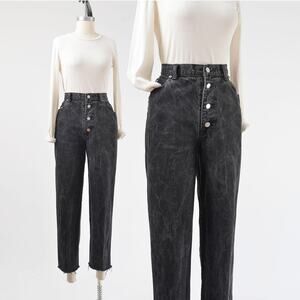 Vintage 90s Black Stonewash High Waisted Button Fly Tapered Leg Cut Off Jeans 8